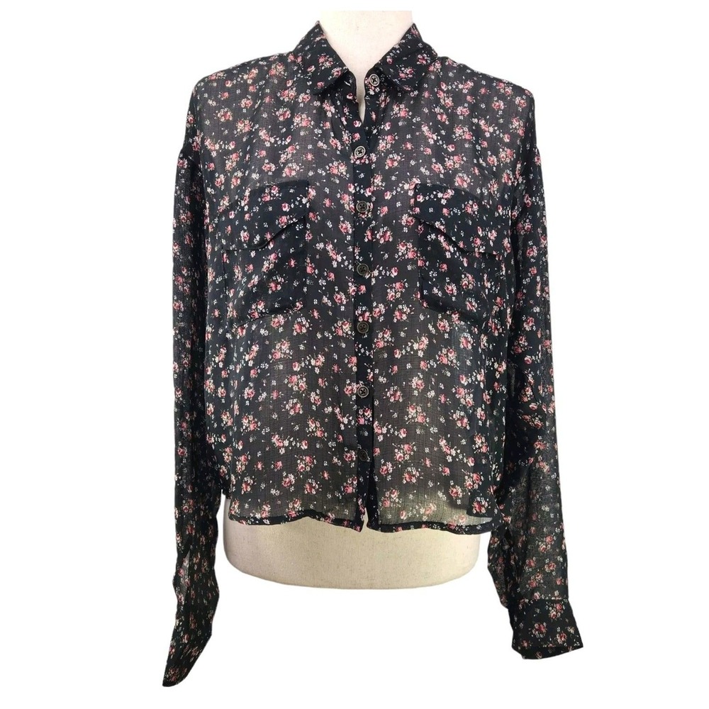 Wild Fable Juniors Cropped Button Shirt Size Medium Sheer Black Floral Fairy